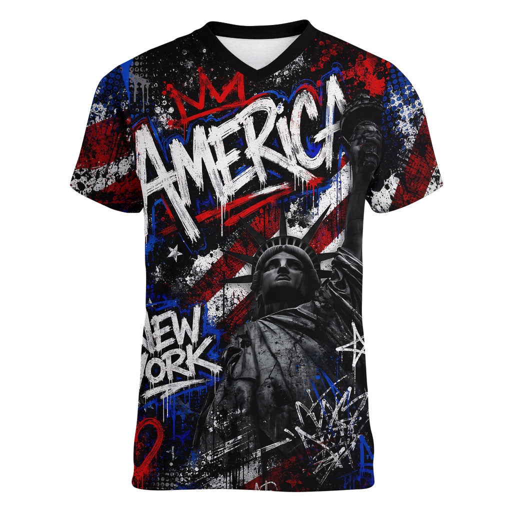 Personalized America New York Statue Of Liberty Women V-Neck T-Shirt Dark Grunge American Flag Graffiti Street Art
