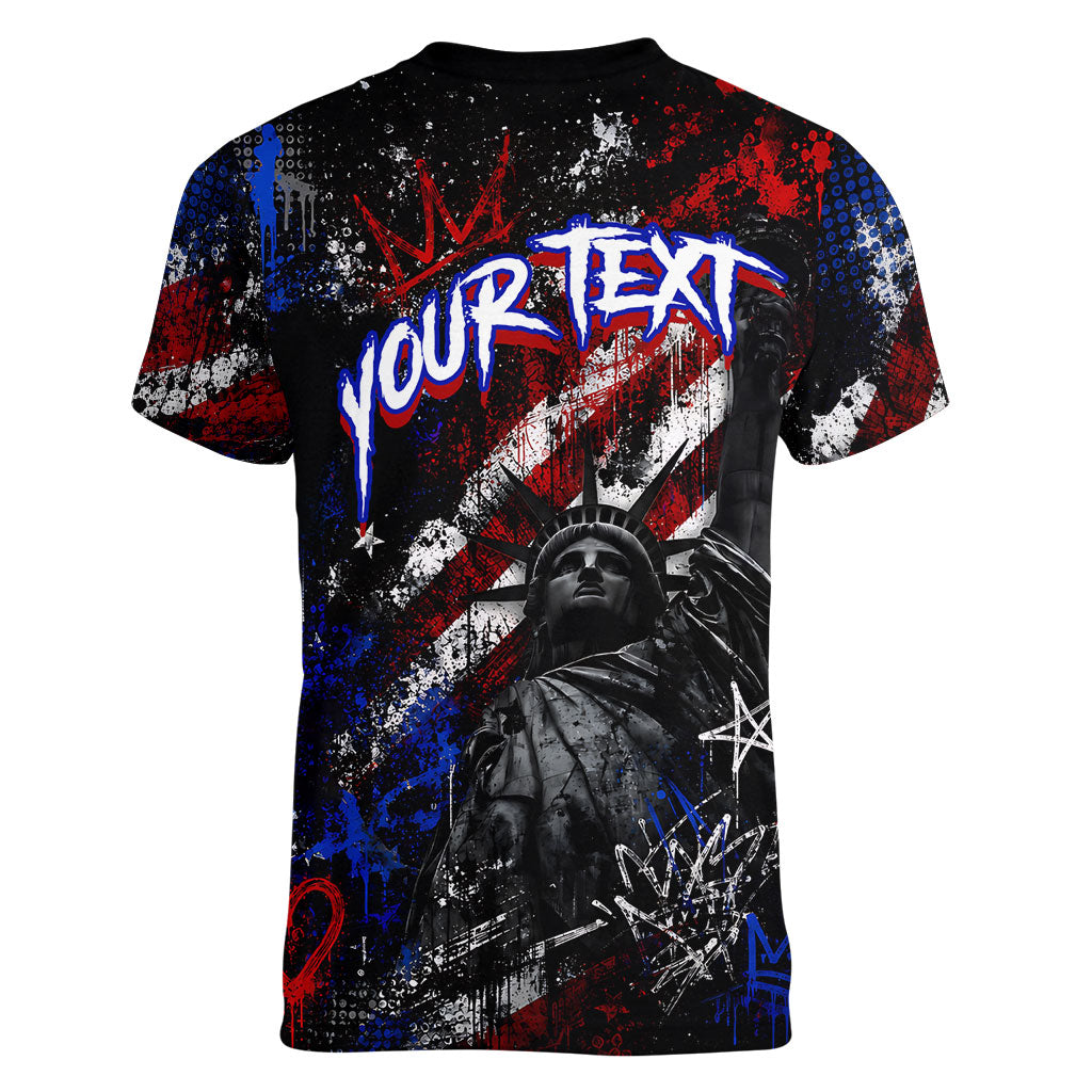 Personalized America New York Statue Of Liberty Women V-Neck T-Shirt Dark Grunge American Flag Graffiti Street Art
