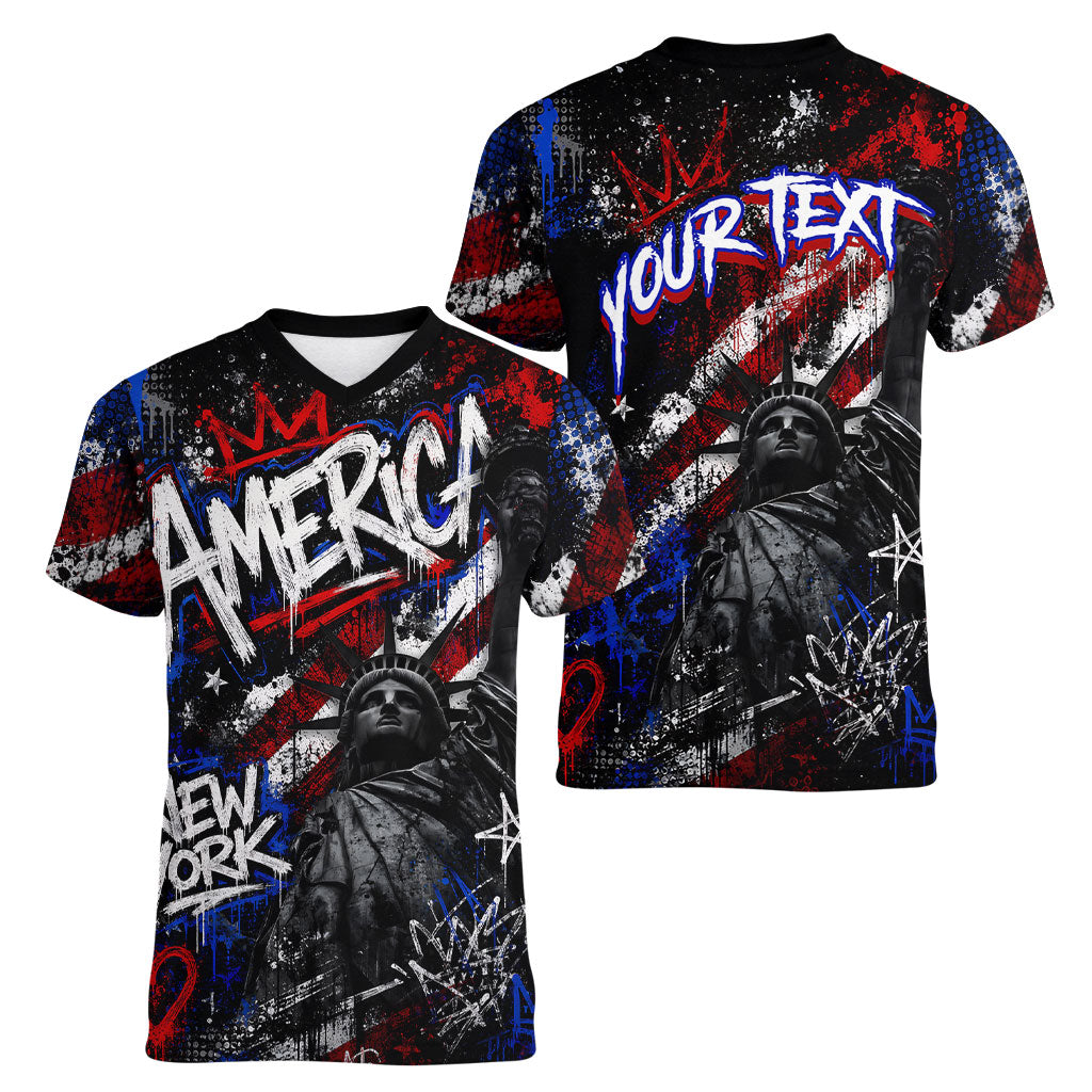 Personalized America New York Statue Of Liberty Women V-Neck T-Shirt Dark Grunge American Flag Graffiti Street Art