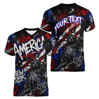 Personalized America New York Statue Of Liberty Women V-Neck T-Shirt Dark Grunge American Flag Graffiti Street Art