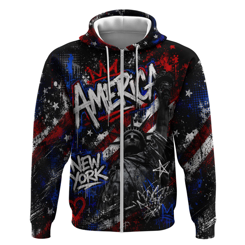 Personalized America New York Statue Of Liberty Zip Hoodie Dark Grunge American Flag Graffiti Street Art