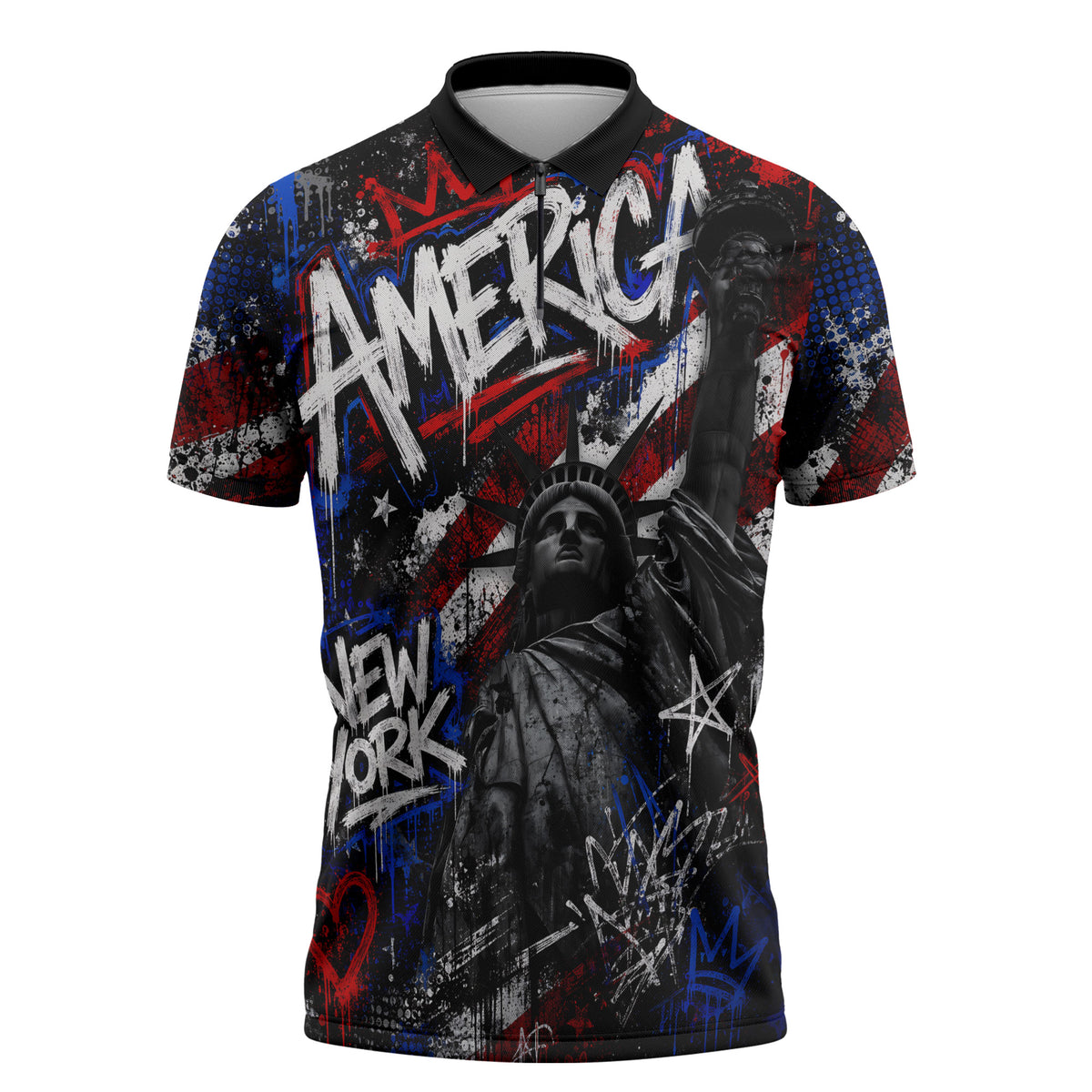 Personalized America New York Statue Of Liberty Zipper Polo Shirt Dark Grunge American Flag Graffiti Street Art