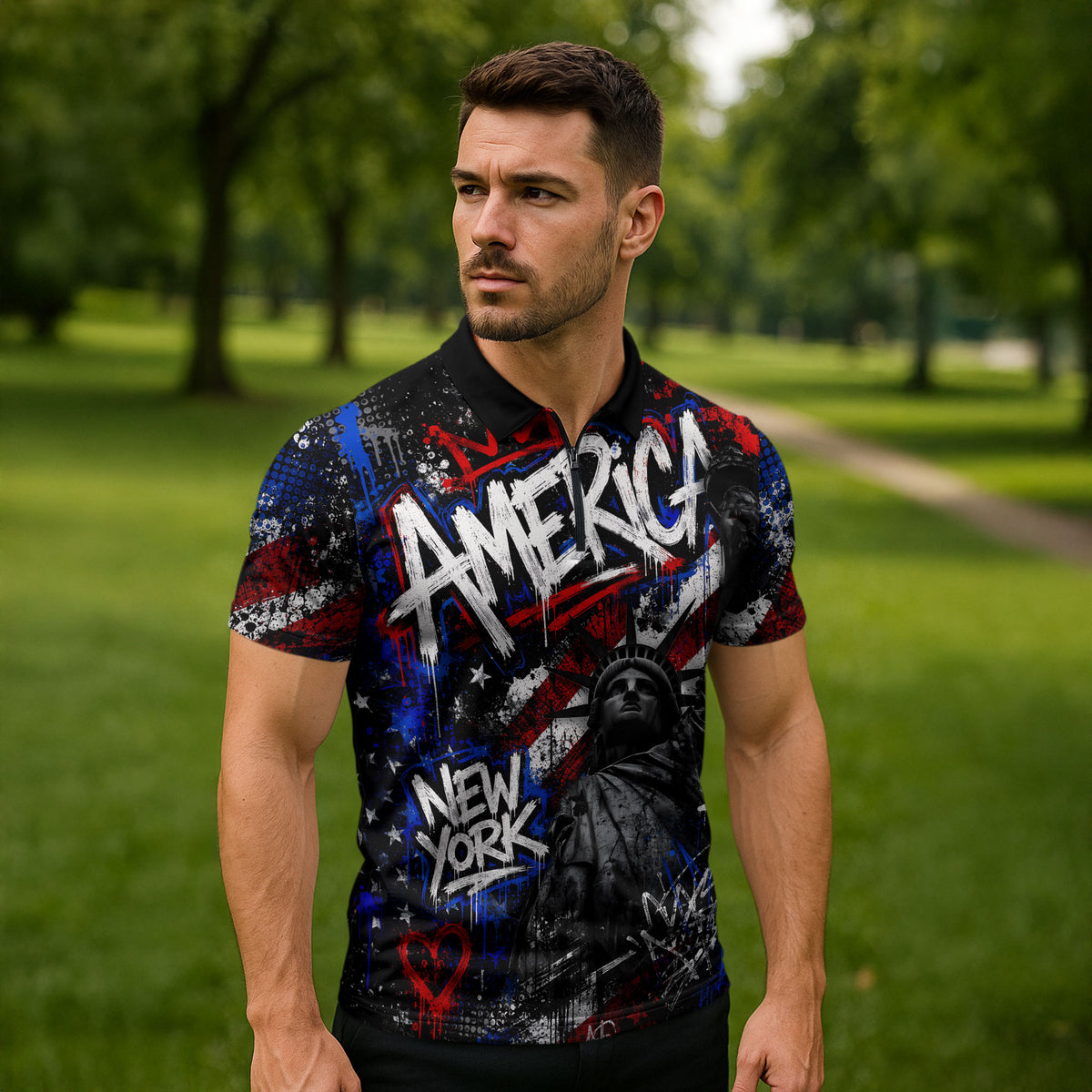 Personalized America New York Statue Of Liberty Zipper Polo Shirt Dark Grunge American Flag Graffiti Street Art