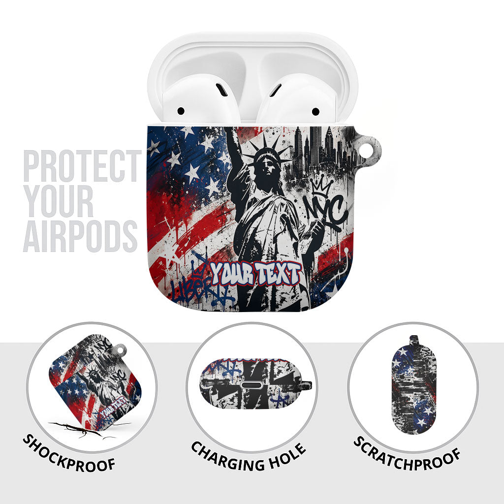 Personalized New York Statue Of Liberty AirPods Case Grunge Street Art NYC Skyline American Pride