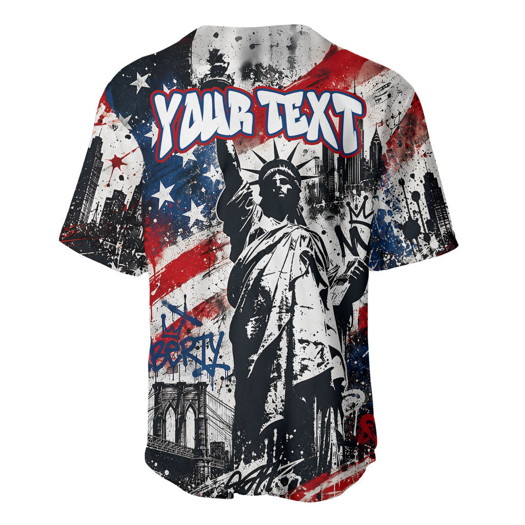 Personalized New York Statue Of Liberty Baseball Jersey Grunge Street Art NYC Skyline American Pride