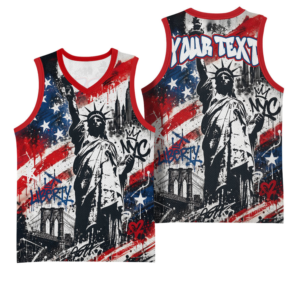 Personalized New York Statue Of Liberty Basketball Jersey Grunge Street Art NYC Skyline American Pride