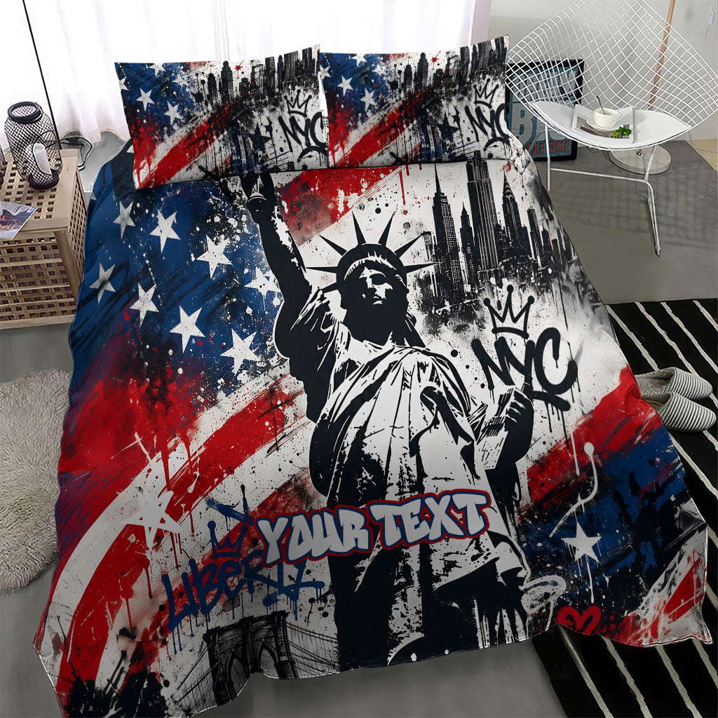 Personalized New York Statue Of Liberty Bedding Set Grunge Street Art NYC Skyline American Pride