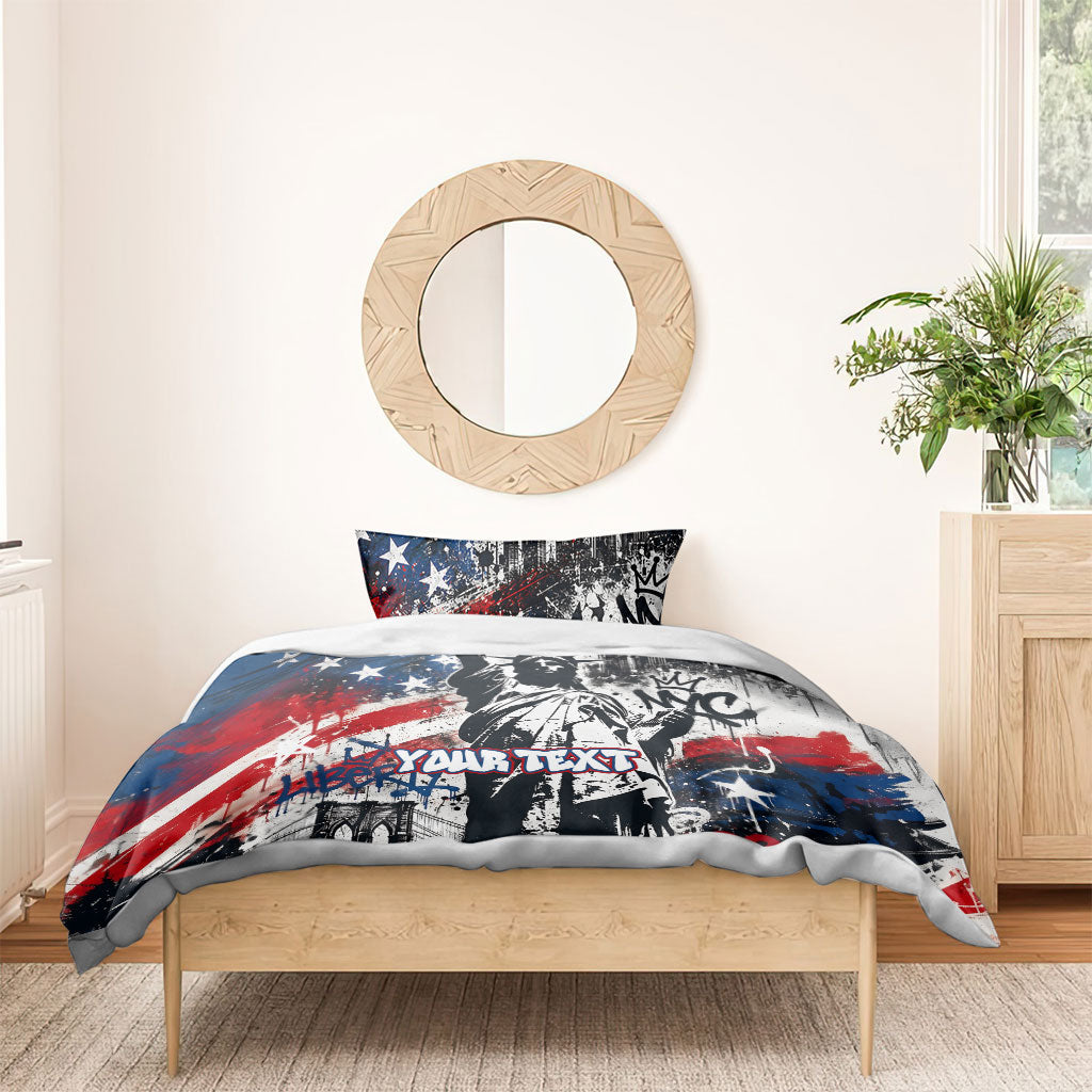 Personalized New York Statue Of Liberty Bedding Set Grunge Street Art NYC Skyline American Pride