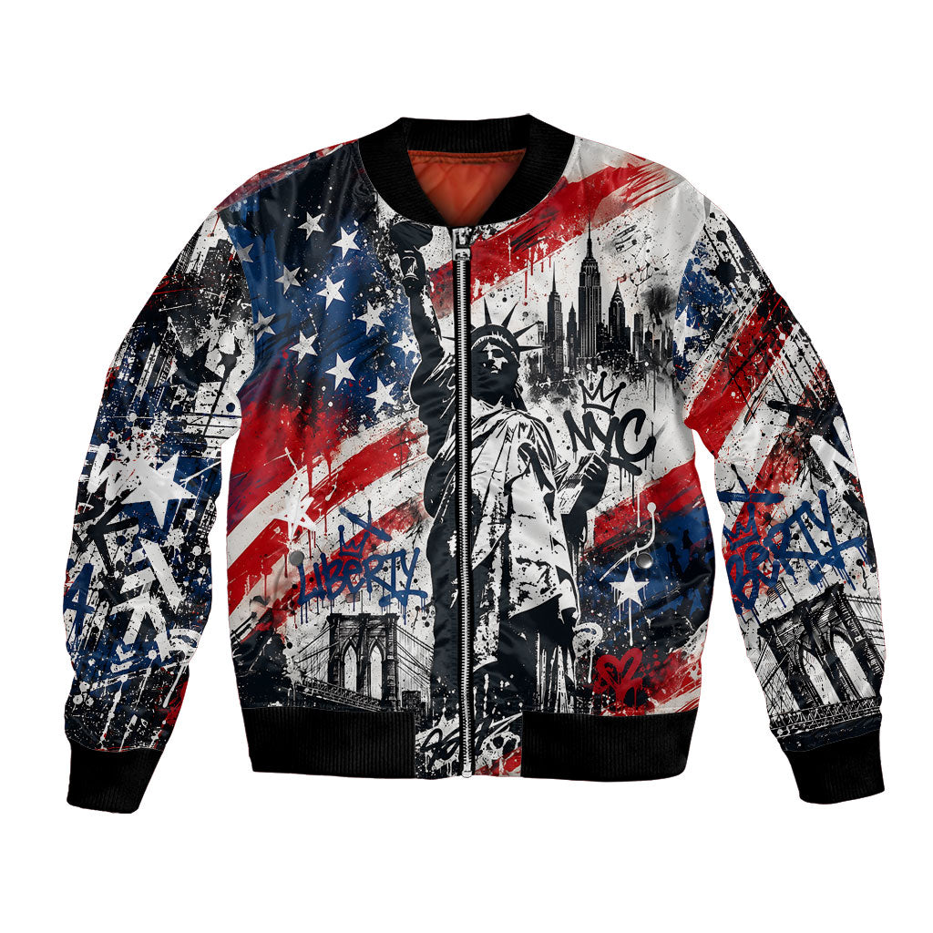 Personalized New York Statue Of Liberty Bomber Jacket Grunge Street Art NYC Skyline American Pride