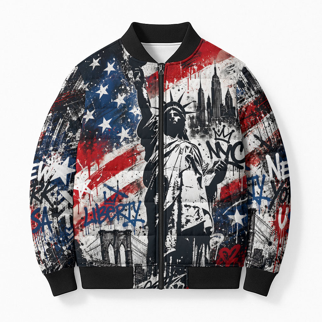 Personalized New York Statue Of Liberty Bomber Puffer Jacket Grunge Street Art NYC Skyline American Pride