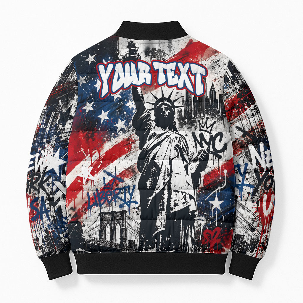 Personalized New York Statue Of Liberty Bomber Puffer Jacket Grunge Street Art NYC Skyline American Pride