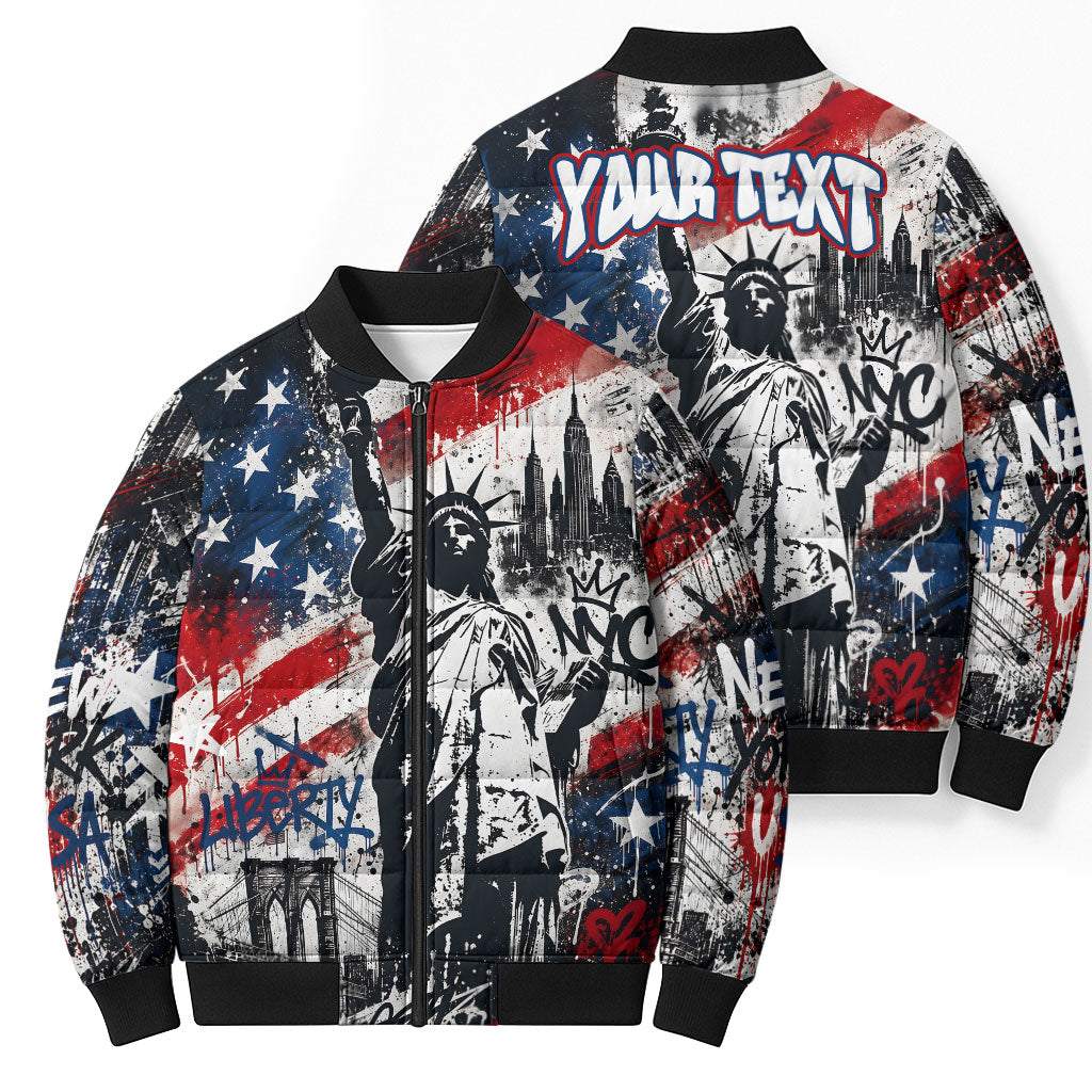 Personalized New York Statue Of Liberty Bomber Puffer Jacket Grunge Street Art NYC Skyline American Pride