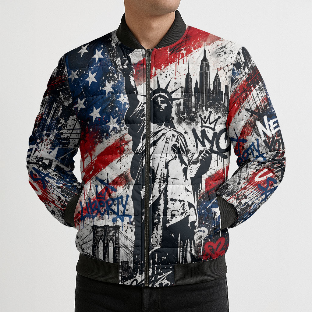 Personalized New York Statue Of Liberty Bomber Puffer Jacket Grunge Street Art NYC Skyline American Pride