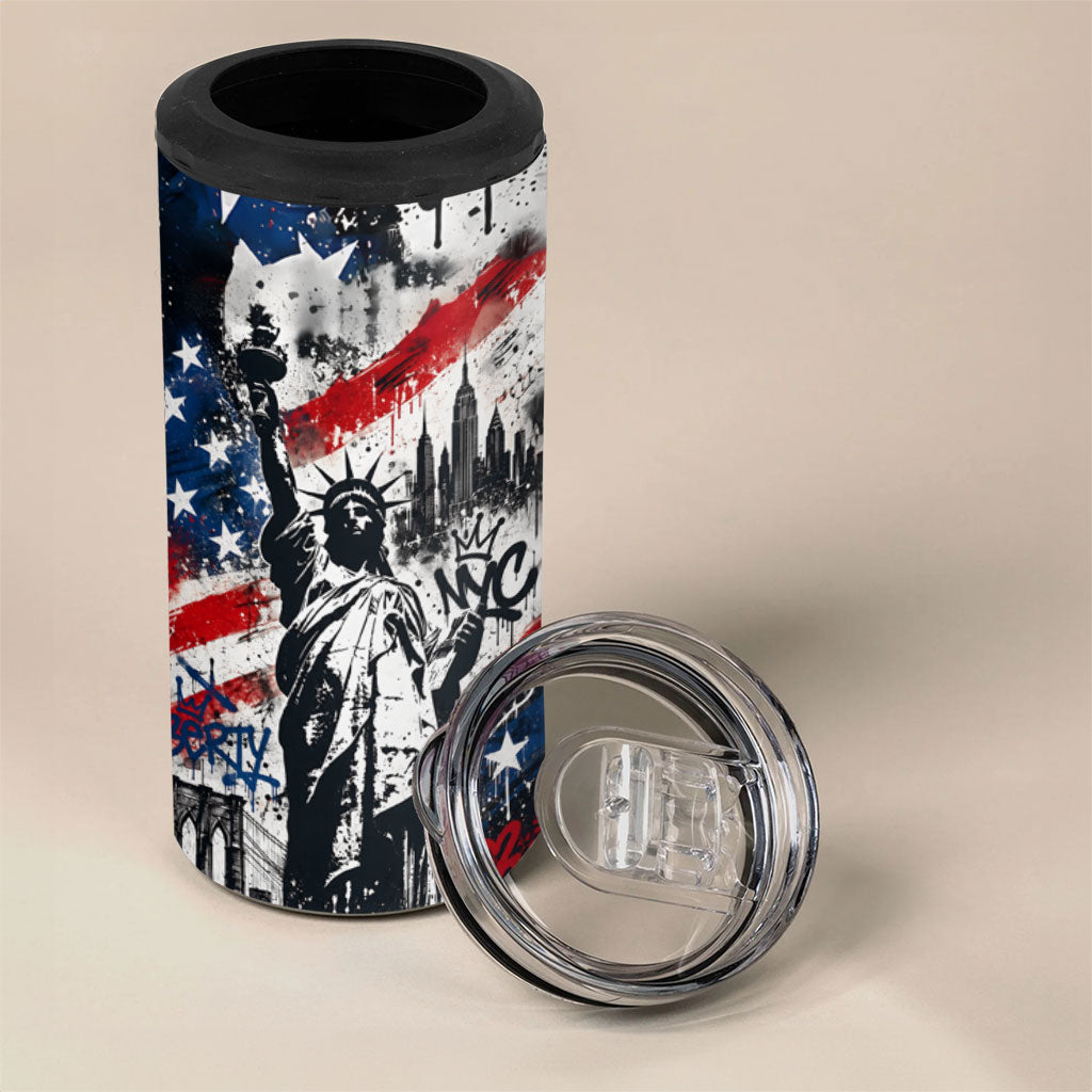 Personalized New York Statue Of Liberty 4 in 1 Can Cooler Tumbler Grunge Street Art NYC Skyline American Pride