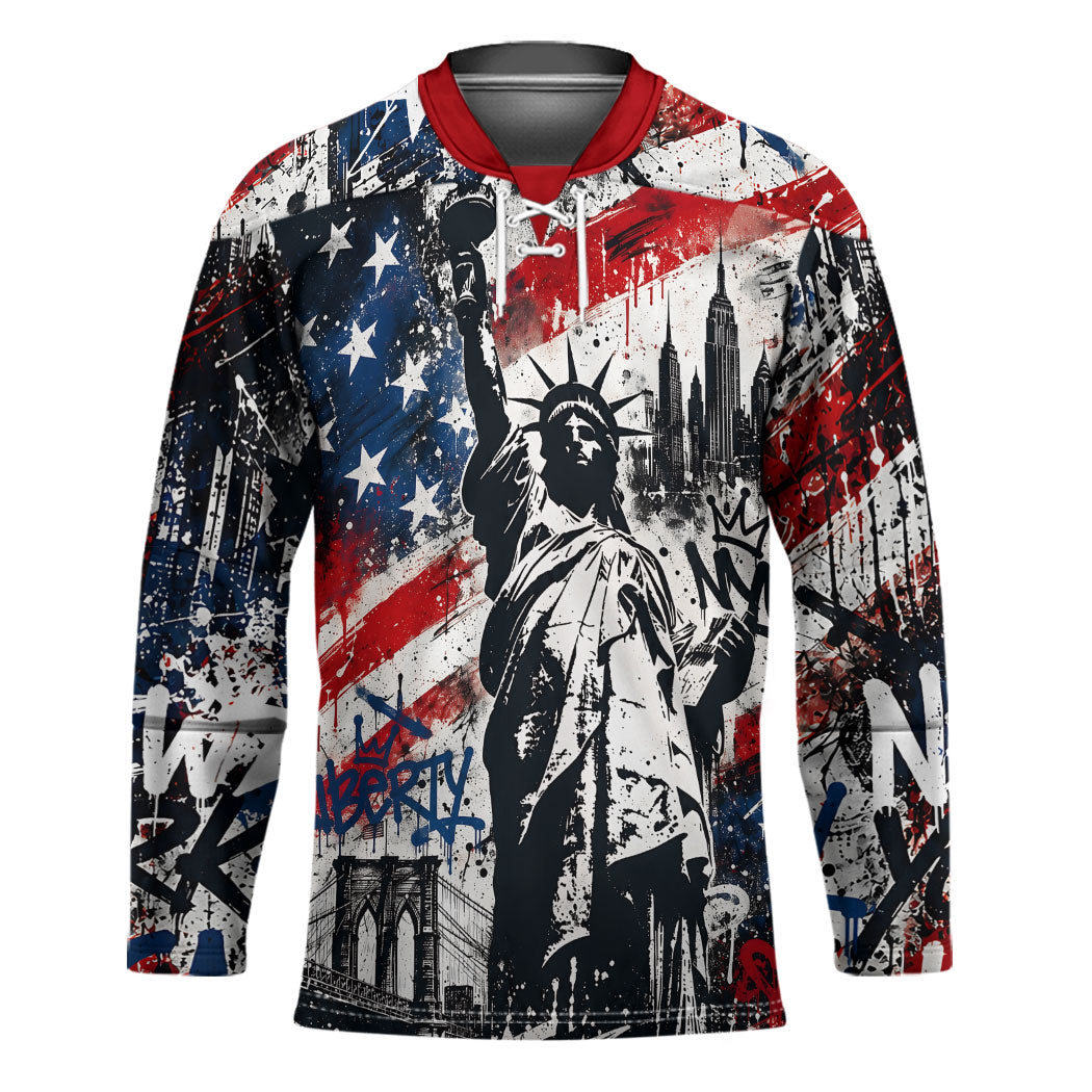 Personalized New York Statue Of Liberty Hockey Jersey Grunge Street Art NYC Skyline American Pride