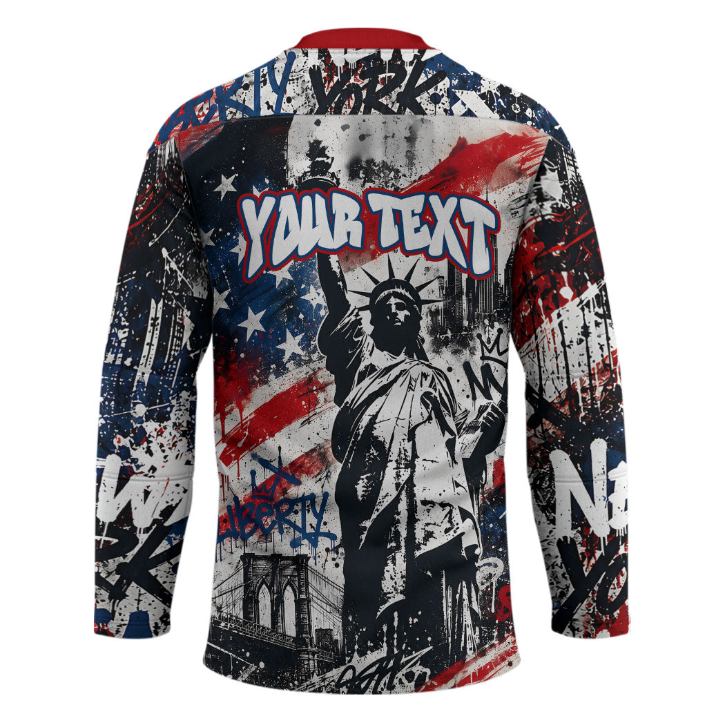 Personalized New York Statue Of Liberty Hockey Jersey Grunge Street Art NYC Skyline American Pride