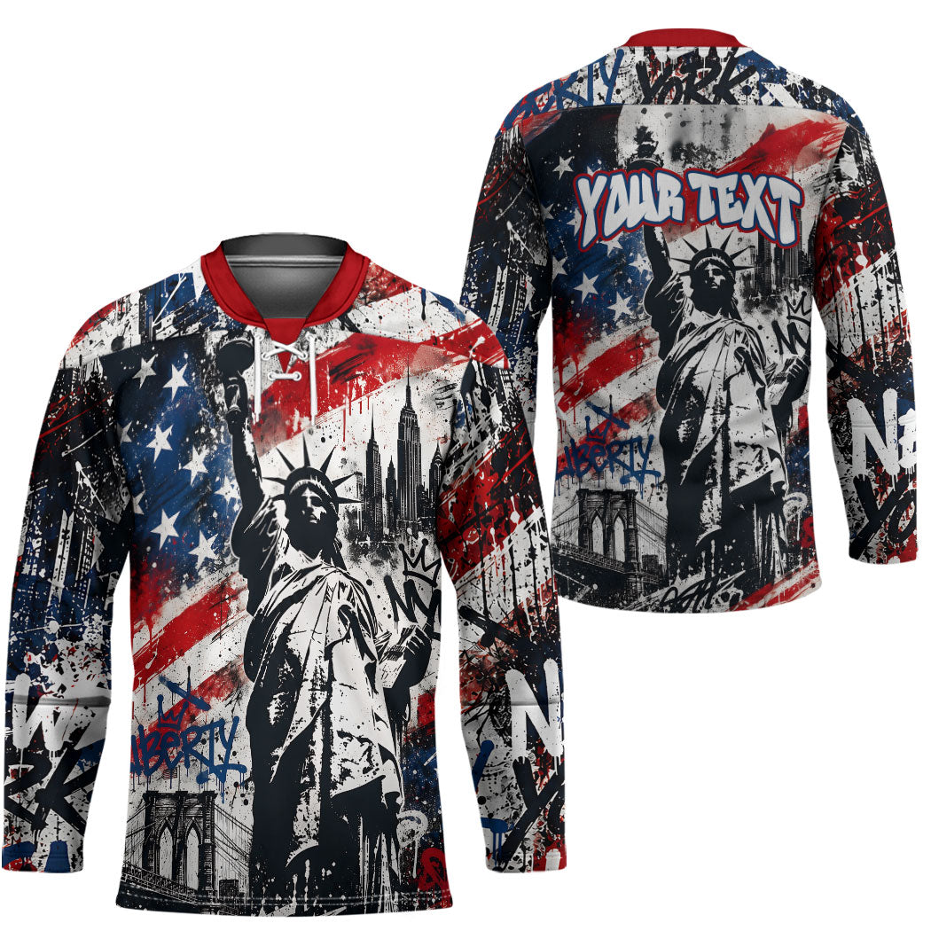 Personalized New York Statue Of Liberty Hockey Jersey Grunge Street Art NYC Skyline American Pride