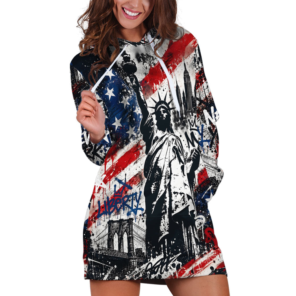 Personalized New York Statue Of Liberty Hoodie Dress Grunge Street Art NYC Skyline American Pride