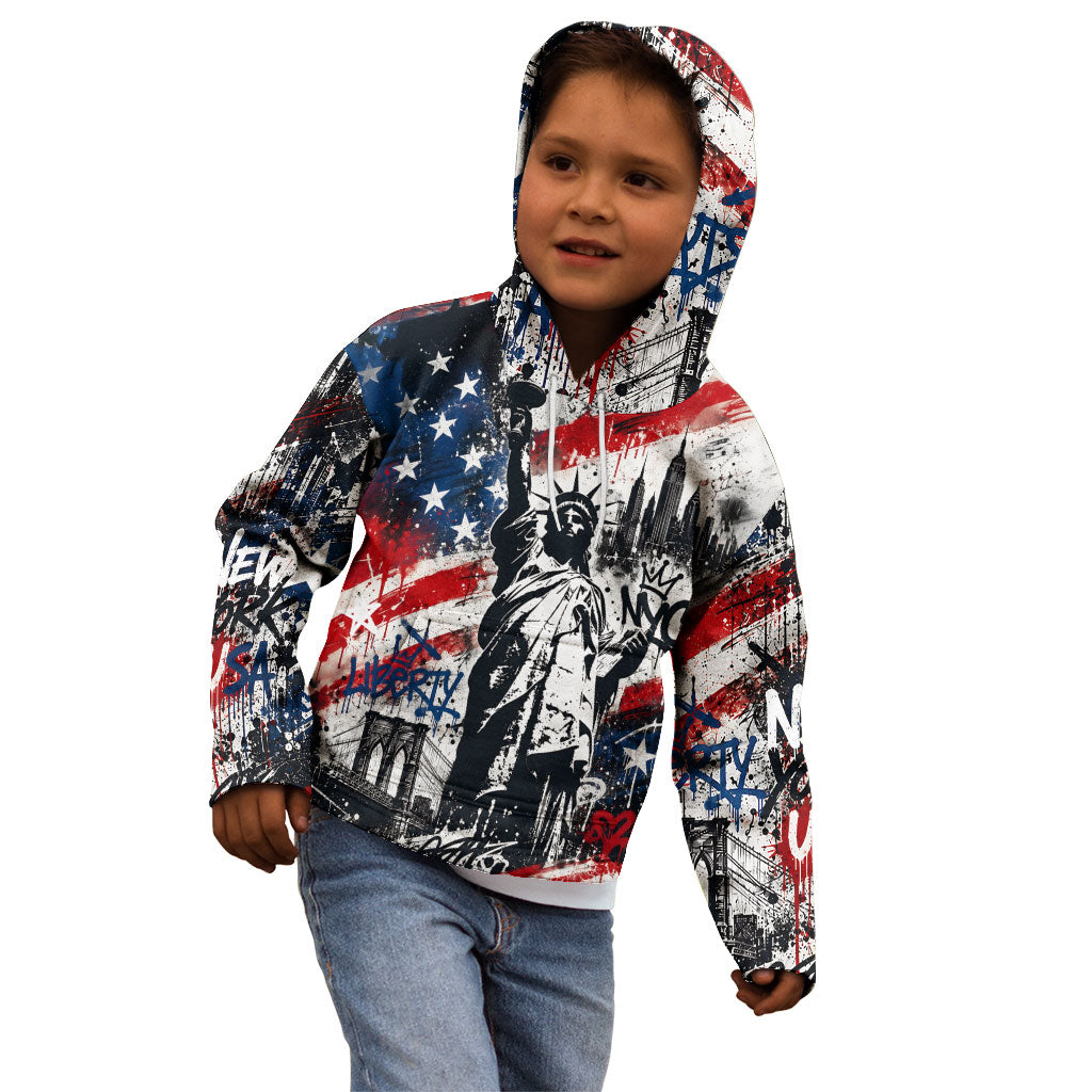 Personalized New York Statue Of Liberty Kid Hoodie Grunge Street Art NYC Skyline American Pride