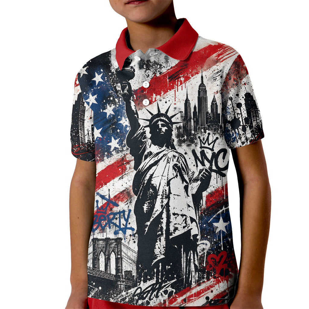 Personalized New York Statue Of Liberty Kid Polo Shirt Grunge Street Art NYC Skyline American Pride