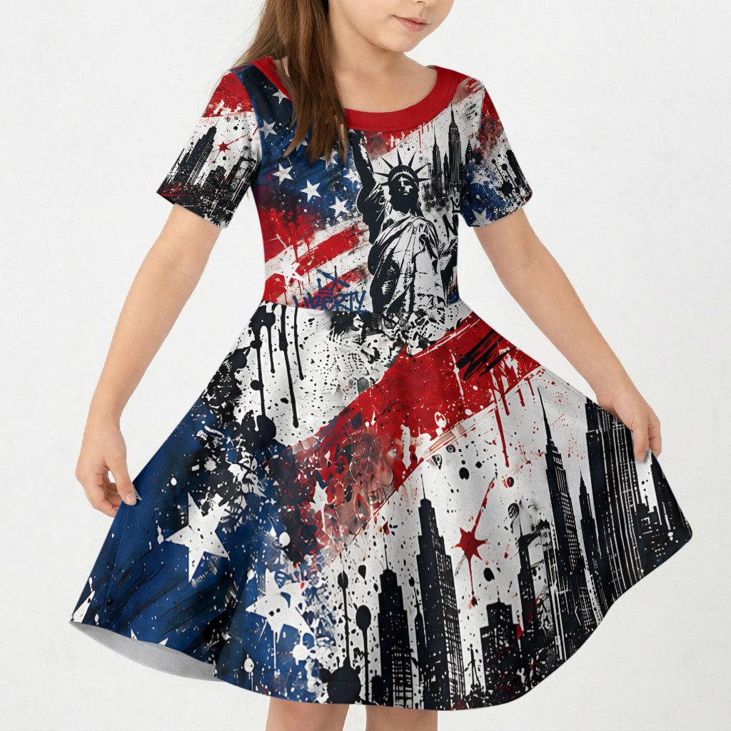 Personalized New York Statue Of Liberty Kid Short Sleeve Dress Grunge Street Art NYC Skyline American Pride