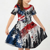Personalized New York Statue Of Liberty Kid Short Sleeve Dress Grunge Street Art NYC Skyline American Pride