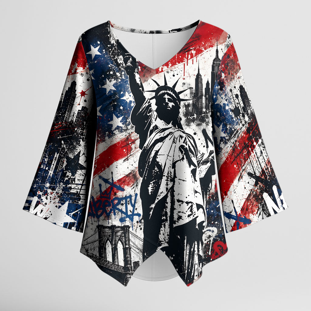 Personalized New York Statue Of Liberty Kimono Sleeve Blouse Grunge Street Art NYC Skyline American Pride