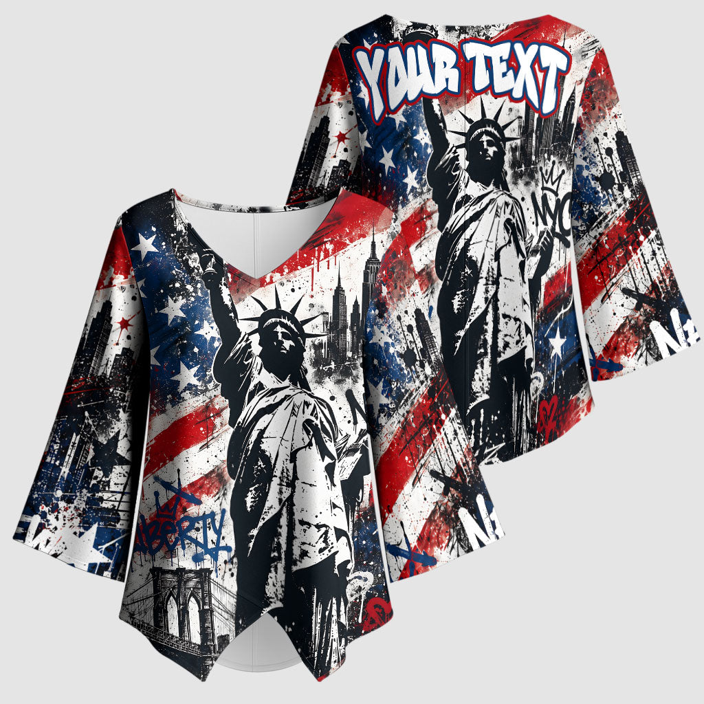 Personalized New York Statue Of Liberty Kimono Sleeve Blouse Grunge Street Art NYC Skyline American Pride