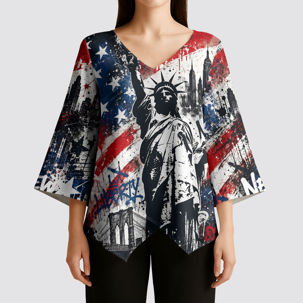 Personalized New York Statue Of Liberty Kimono Sleeve Blouse Grunge Street Art NYC Skyline American Pride