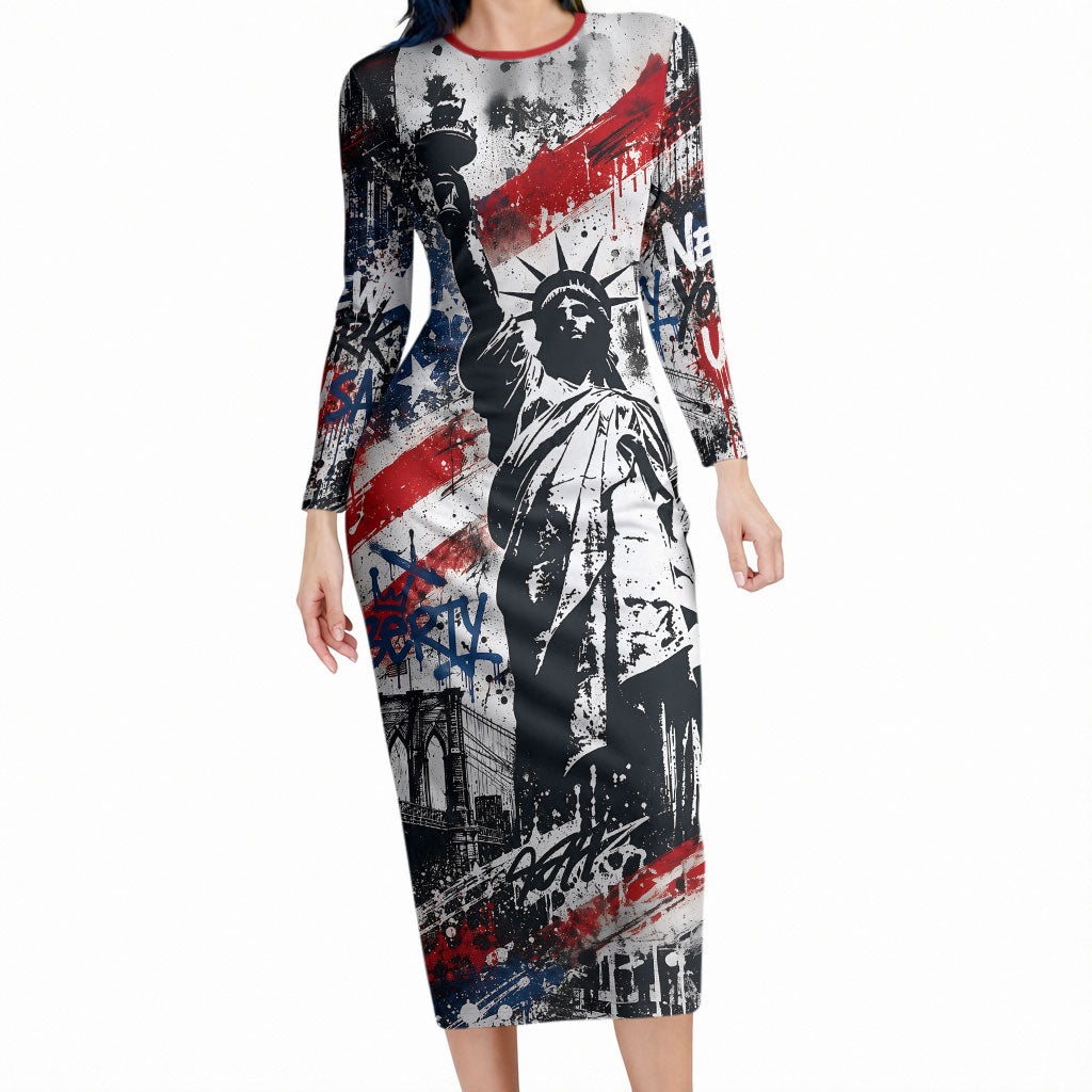 Personalized New York Statue Of Liberty Long Sleeve Bodycon Dress Grunge Street Art NYC Skyline American Pride