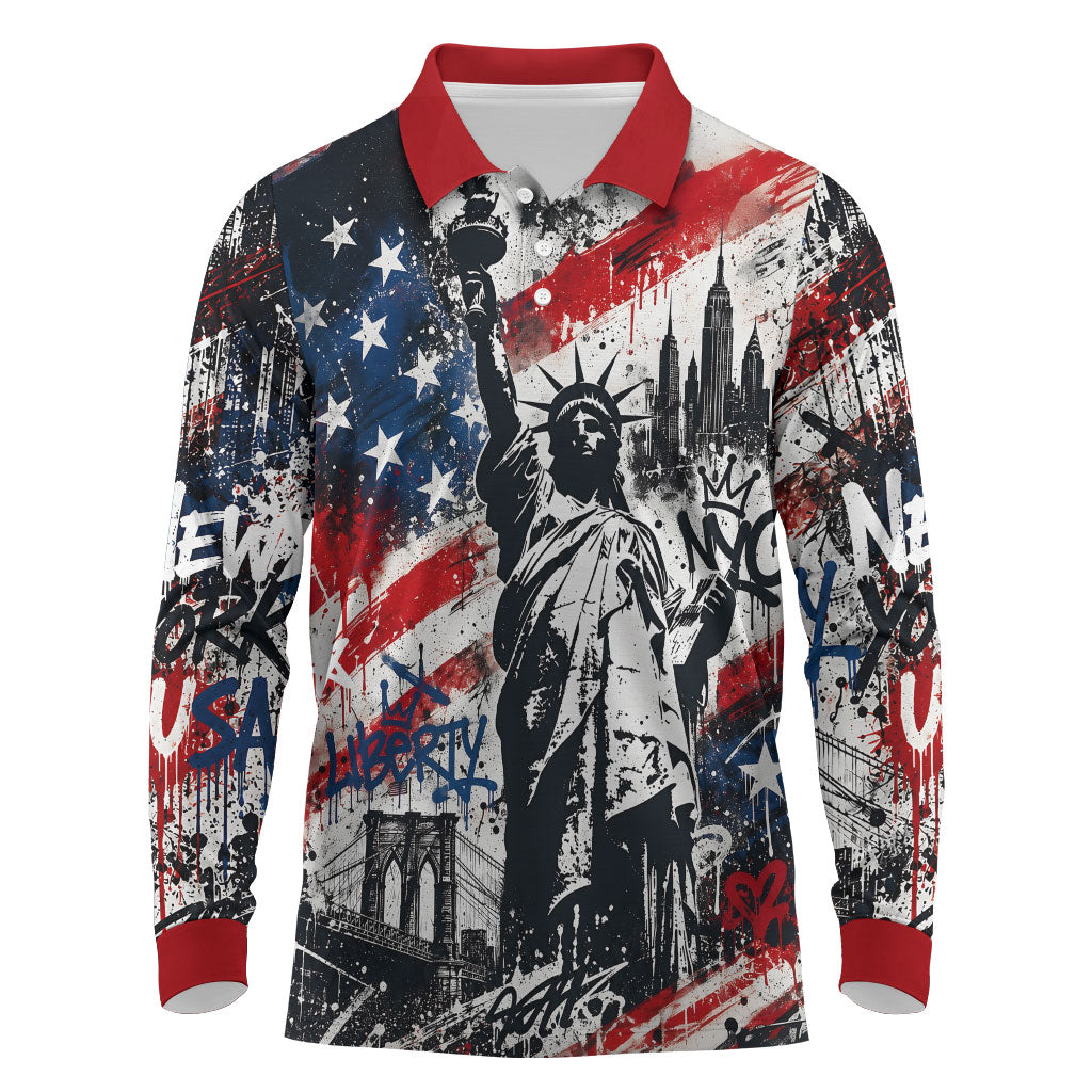 Personalized New York Statue Of Liberty Long Sleeve Polo Shirt Grunge Street Art NYC Skyline American Pride