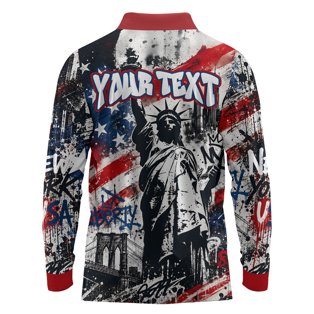Personalized New York Statue Of Liberty Long Sleeve Polo Shirt Grunge Street Art NYC Skyline American Pride