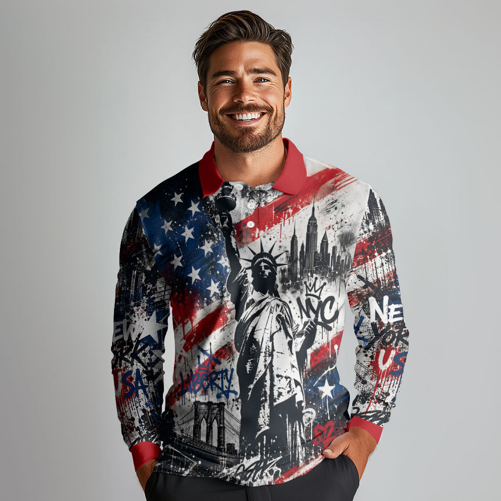 Personalized New York Statue Of Liberty Long Sleeve Polo Shirt Grunge Street Art NYC Skyline American Pride