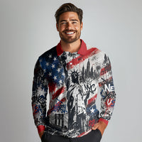 Personalized New York Statue Of Liberty Long Sleeve Polo Shirt Grunge Street Art NYC Skyline American Pride