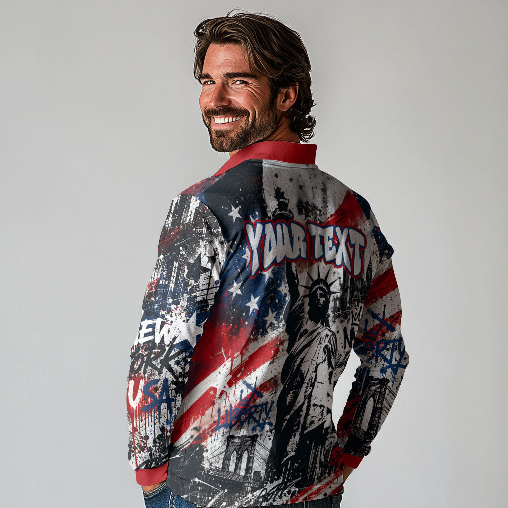 Personalized New York Statue Of Liberty Long Sleeve Polo Shirt Grunge Street Art NYC Skyline American Pride