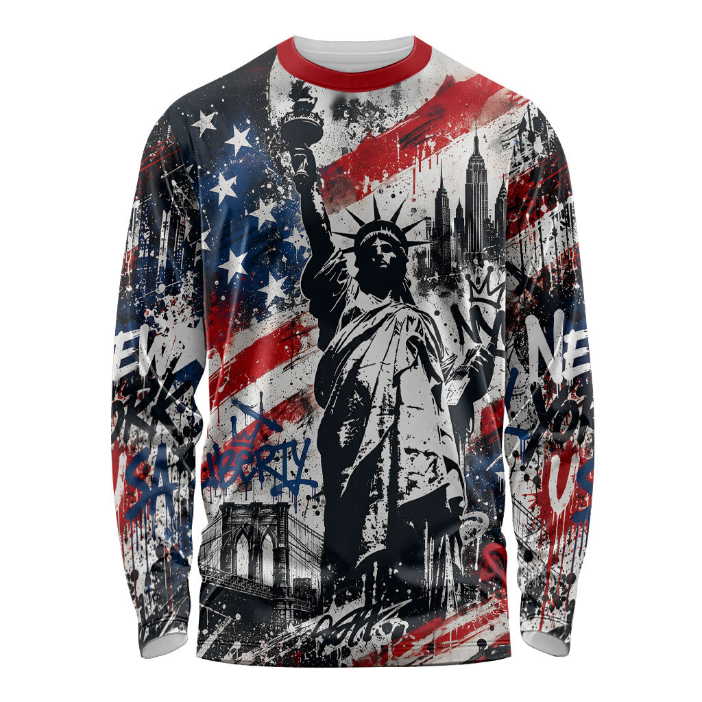 Personalized New York Statue Of Liberty Long Sleeve Shirt Grunge Street Art NYC Skyline American Pride