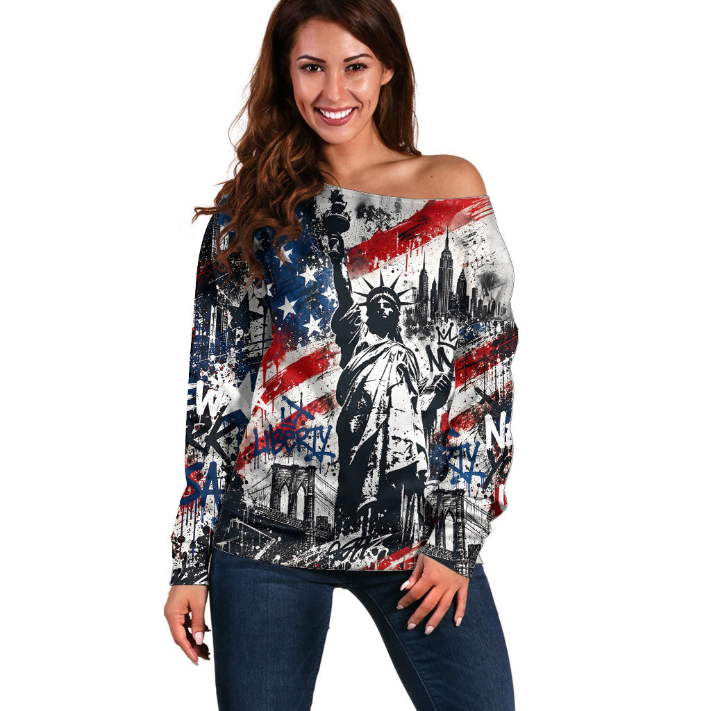 Personalized New York Statue Of Liberty Off Shoulder Sweater Grunge Street Art NYC Skyline American Pride