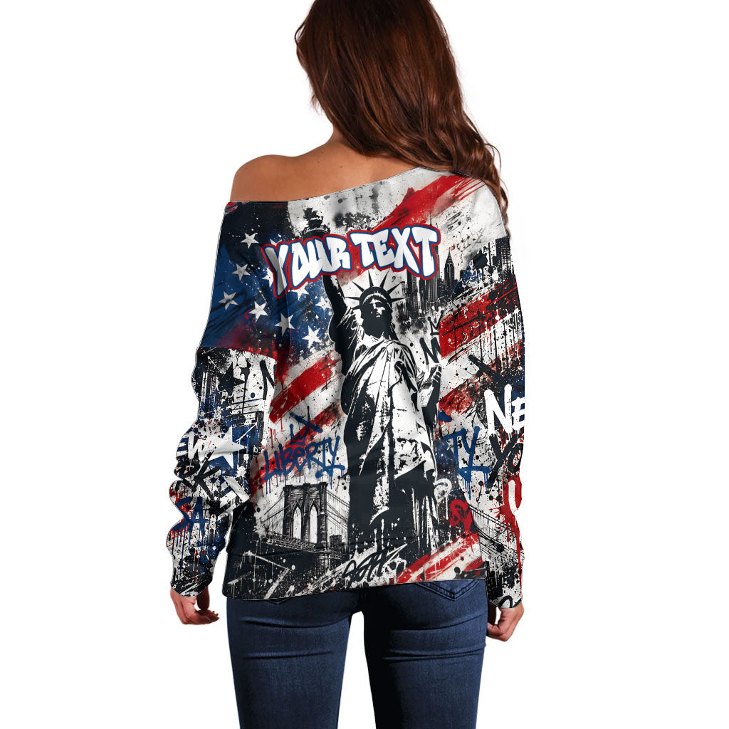 Personalized New York Statue Of Liberty Off Shoulder Sweater Grunge Street Art NYC Skyline American Pride
