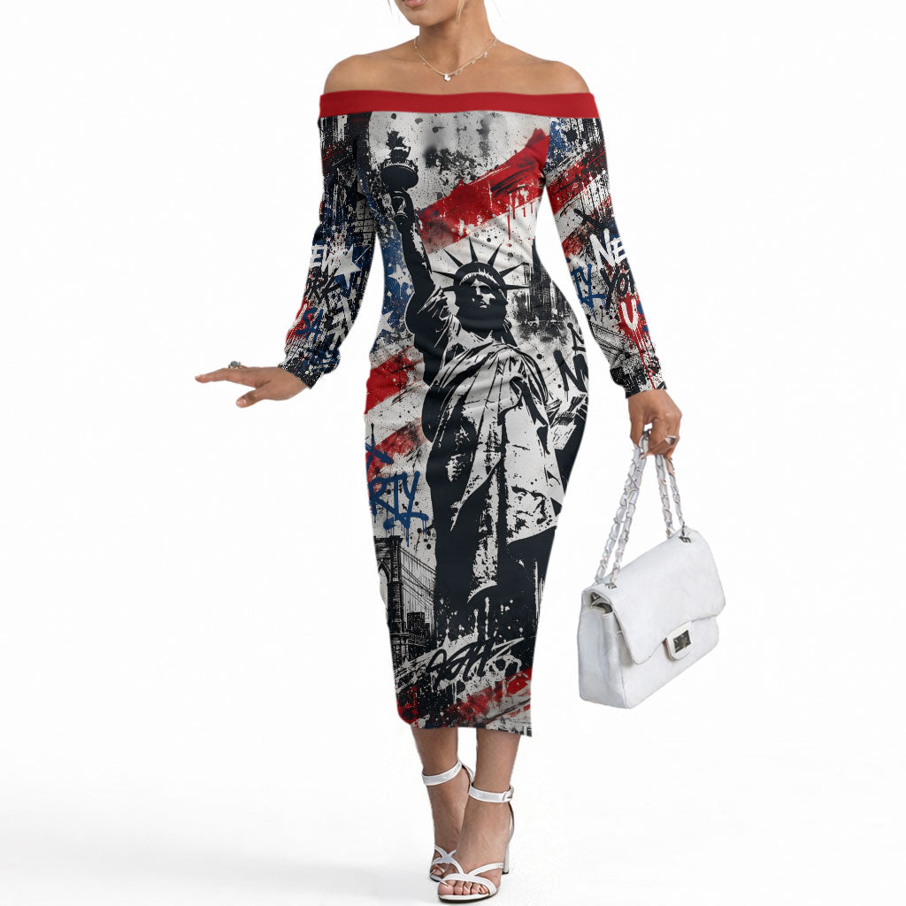 Personalized New York Statue Of Liberty Off The Shoulder Long Sleeve Dress Grunge Street Art NYC Skyline American Pride