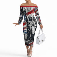 Personalized New York Statue Of Liberty Off The Shoulder Long Sleeve Dress Grunge Street Art NYC Skyline American Pride
