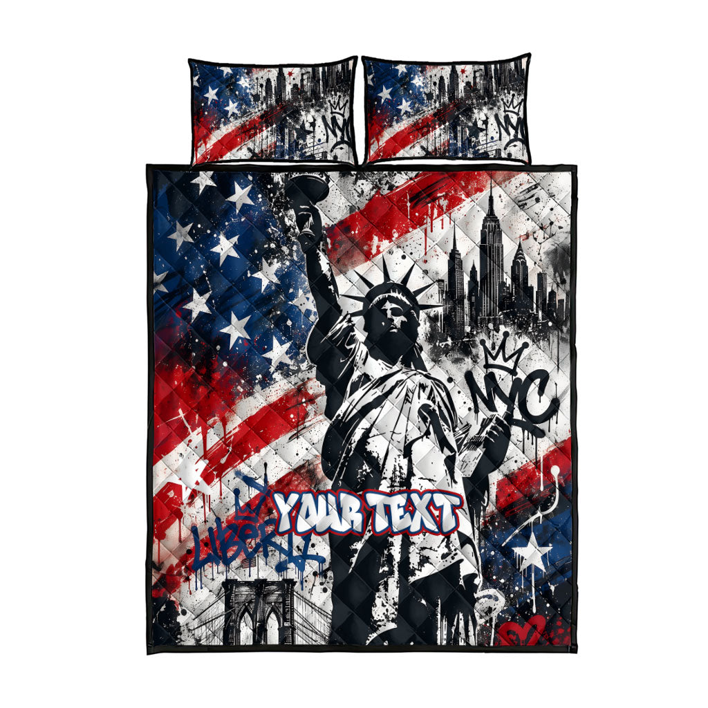 Personalized New York Statue Of Liberty Quilt Bed Set Grunge Street Art NYC Skyline American Pride