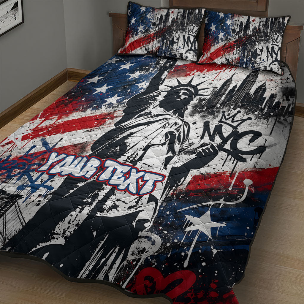 Personalized New York Statue Of Liberty Quilt Bed Set Grunge Street Art NYC Skyline American Pride