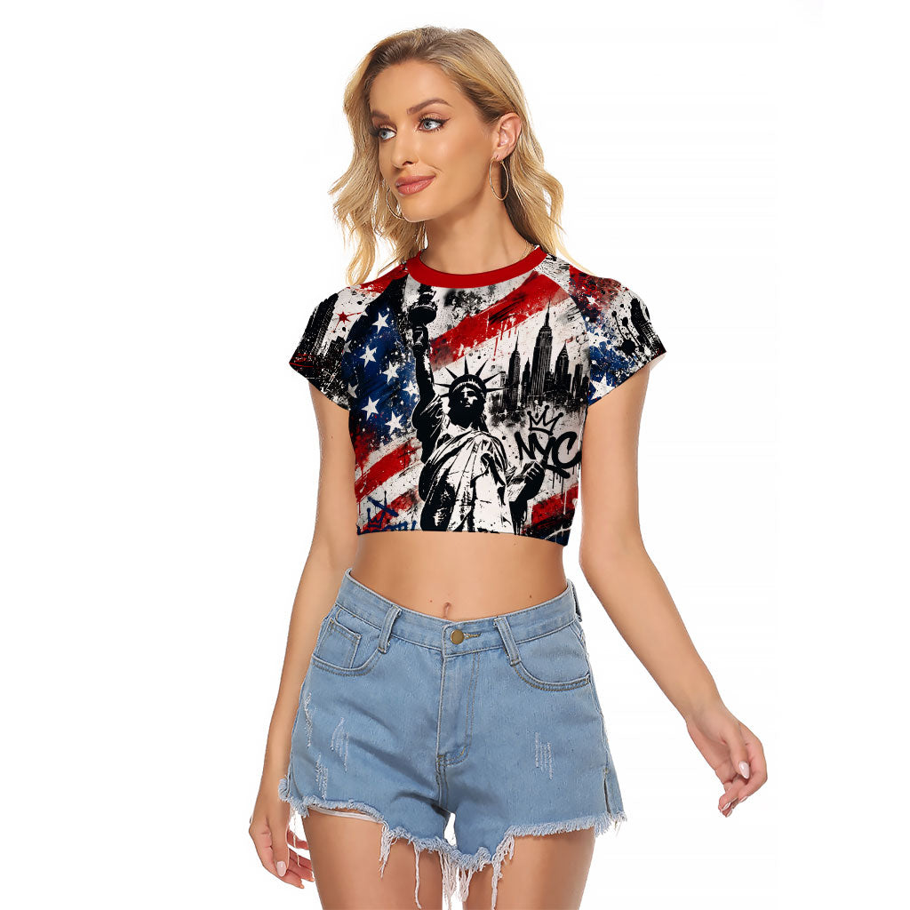 Personalized New York Statue Of Liberty Raglan Cropped T Shirt Grunge Street Art NYC Skyline American Pride