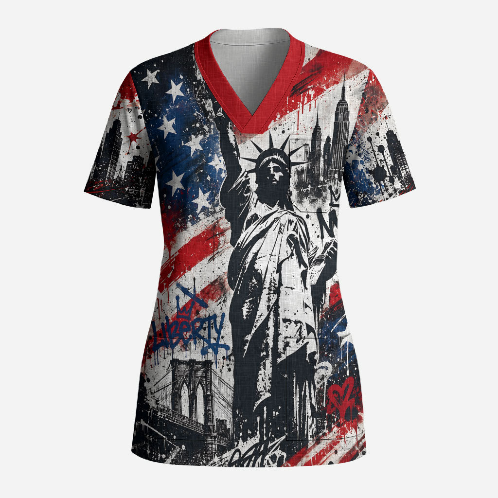 Personalized New York Statue Of Liberty Scrub Top Grunge Street Art NYC Skyline American Pride