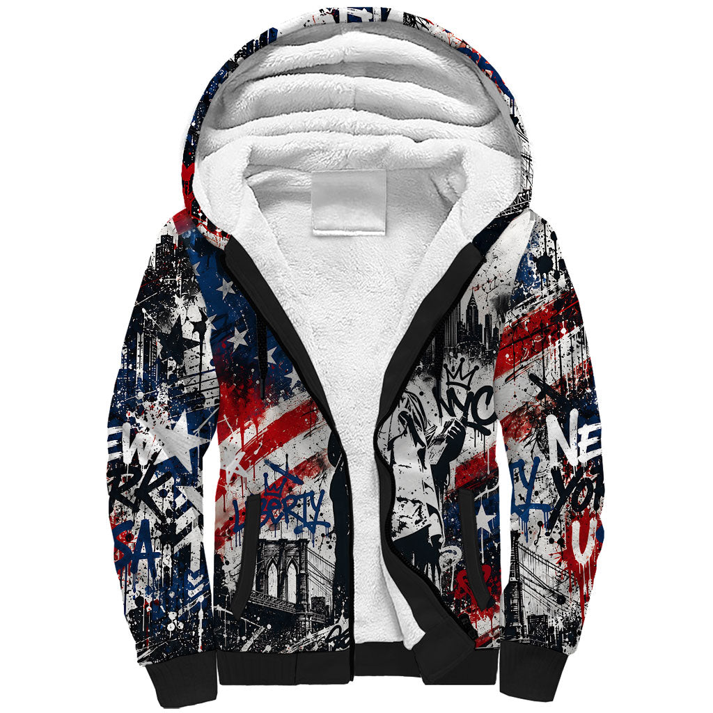 Personalized New York Statue Of Liberty Sherpa Hoodie Grunge Street Art NYC Skyline American Pride