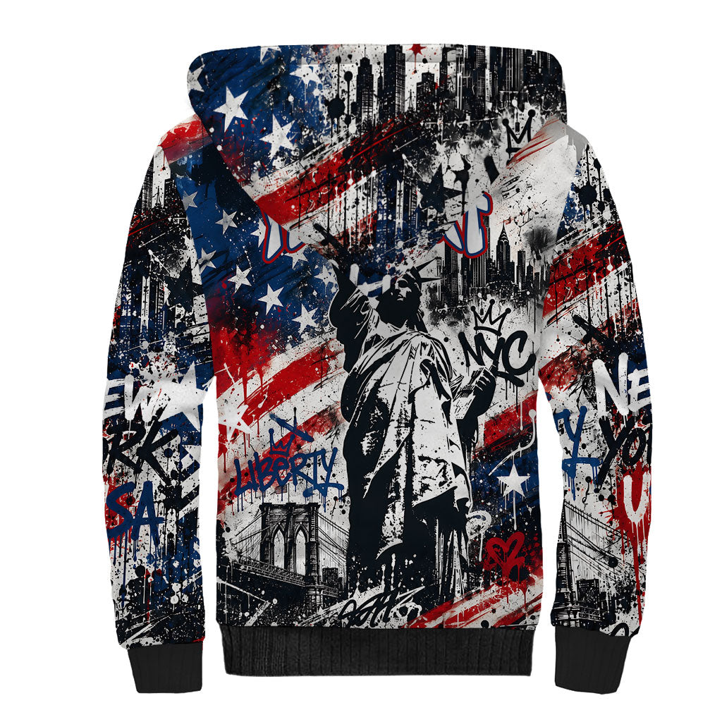 Personalized New York Statue Of Liberty Sherpa Hoodie Grunge Street Art NYC Skyline American Pride