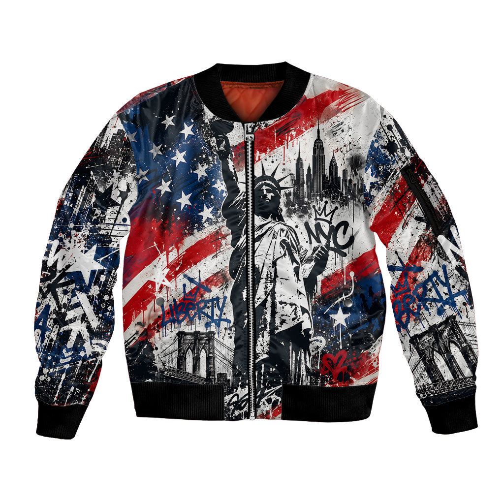 Personalized New York Statue Of Liberty Sleeve Zip Bomber Jacket Grunge Street Art NYC Skyline American Pride