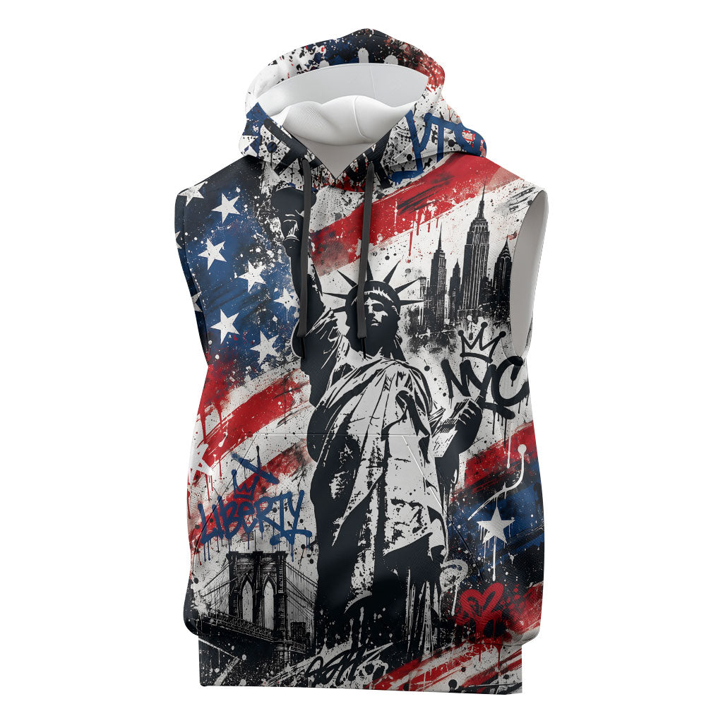 Personalized New York Statue Of Liberty Sleeveless Hoodie Grunge Street Art NYC Skyline American Pride