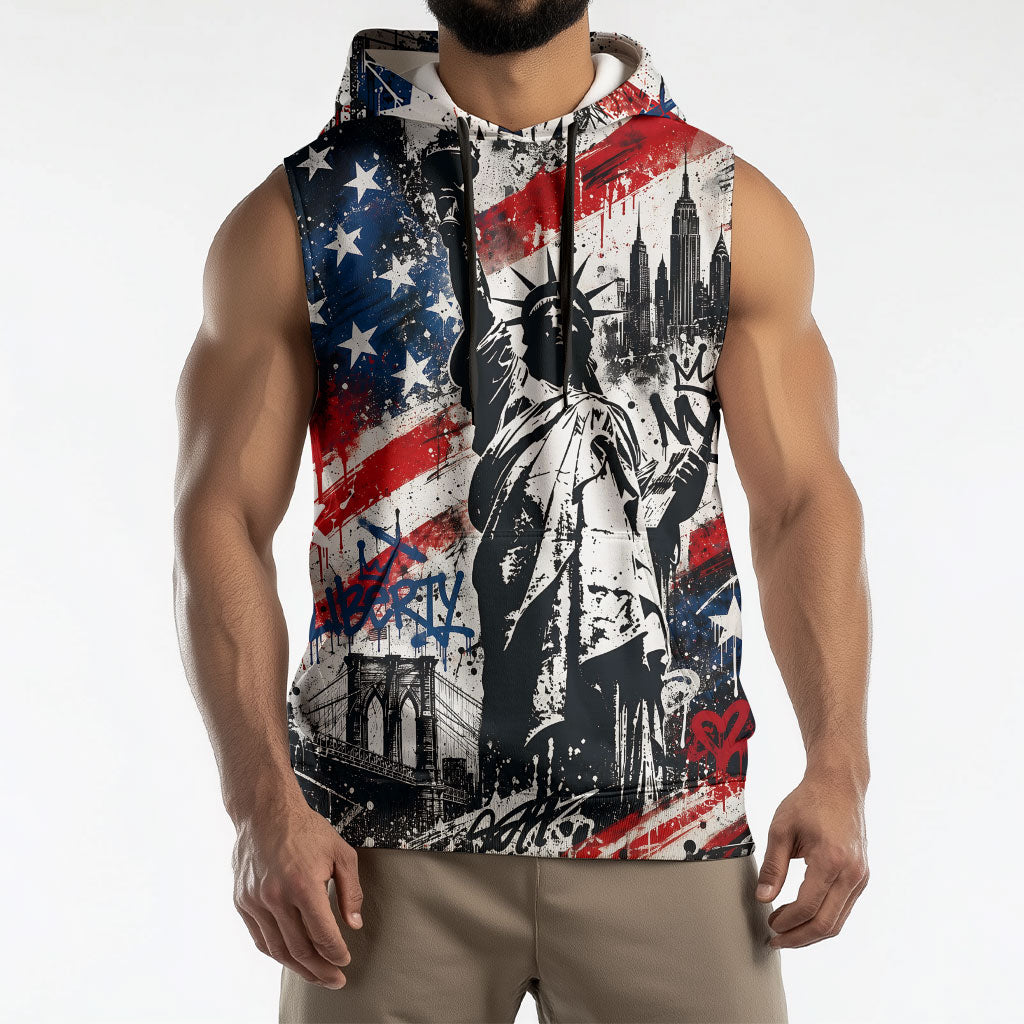 Personalized New York Statue Of Liberty Sleeveless Hoodie Grunge Street Art NYC Skyline American Pride