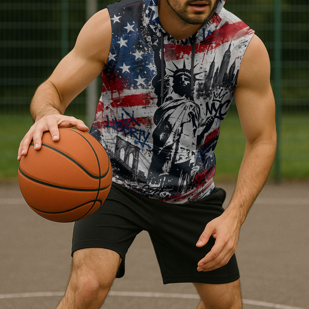 Personalized New York Statue Of Liberty Sleeveless Hoodie Grunge Street Art NYC Skyline American Pride